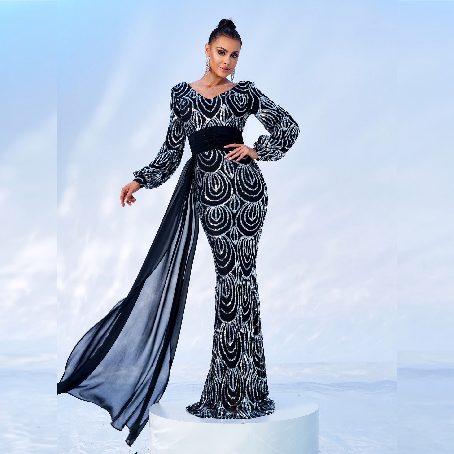 Sequined V-Neck Long Sleeve Evening Dress in Mint Green
