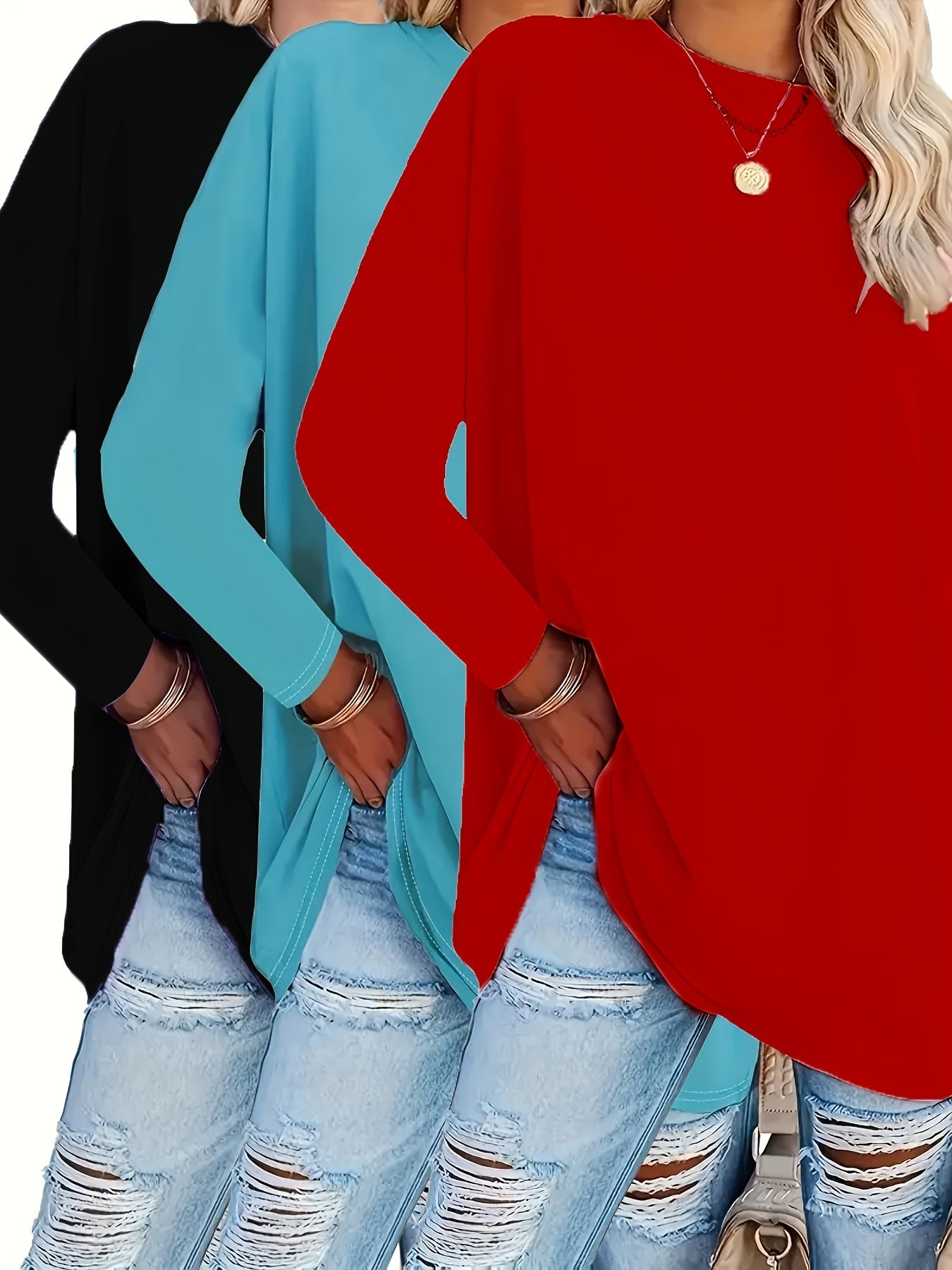 Women's Casual Loose Long Sleeve Top Crew Neck Shirt - Image 3