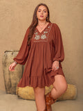 Embroidered Tie Neck Balloon Sleeve Mini Dress in Terracotta