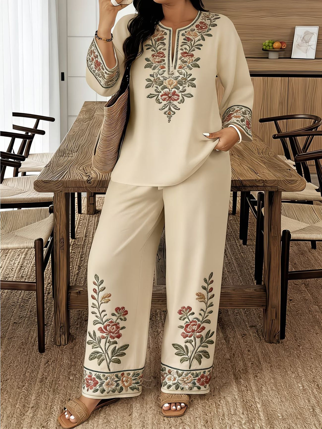 Women's Ethnic Floral Embroidered Long Sleeve Two Piece Set - Image 5