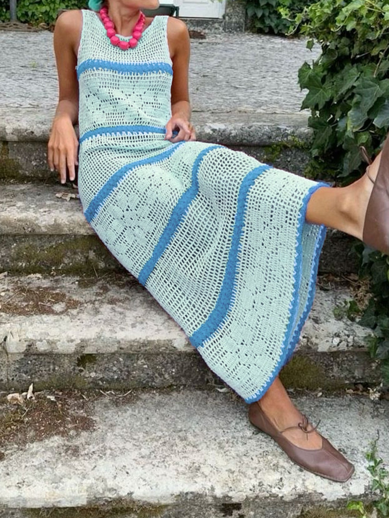 Knitted Contrast Color Hollow Vest Dress – Sleeveless Long Skirt