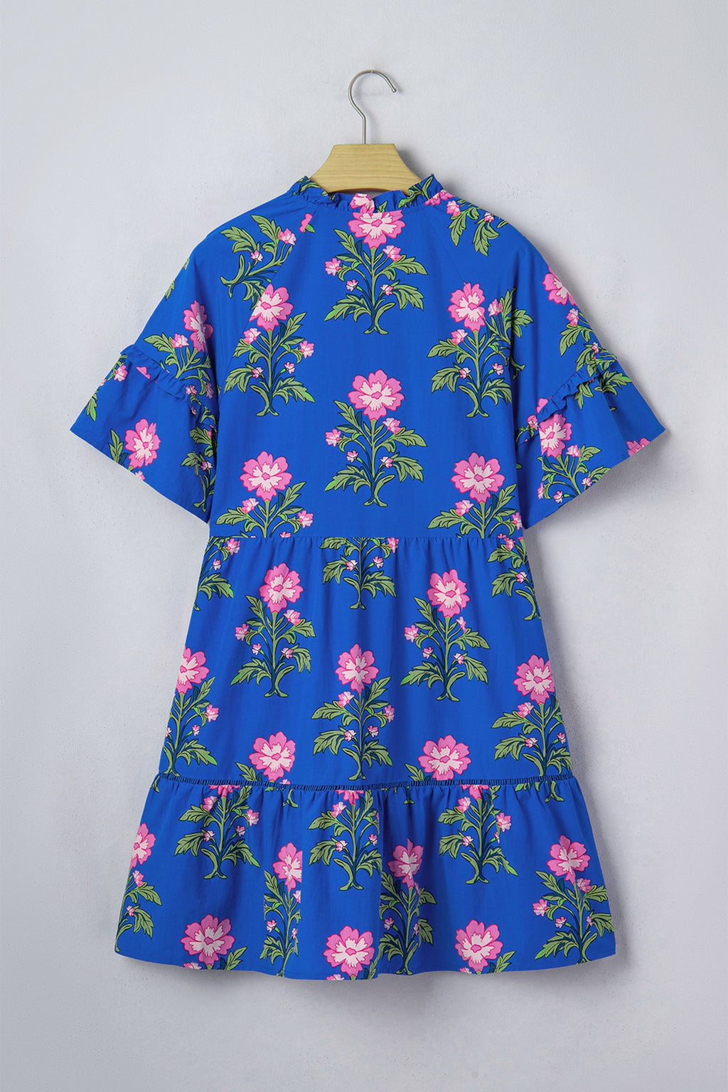 Blue Floral Print V-Neck Tiered Mini Dress with Ruffle Sleeves - Image 3