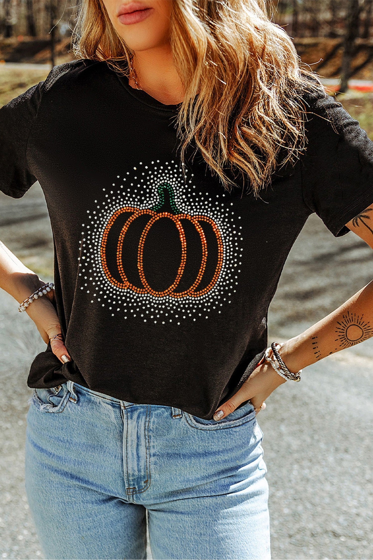 Black Rhinestone Pumpkin Graphic Casual Short Sleeve Tee