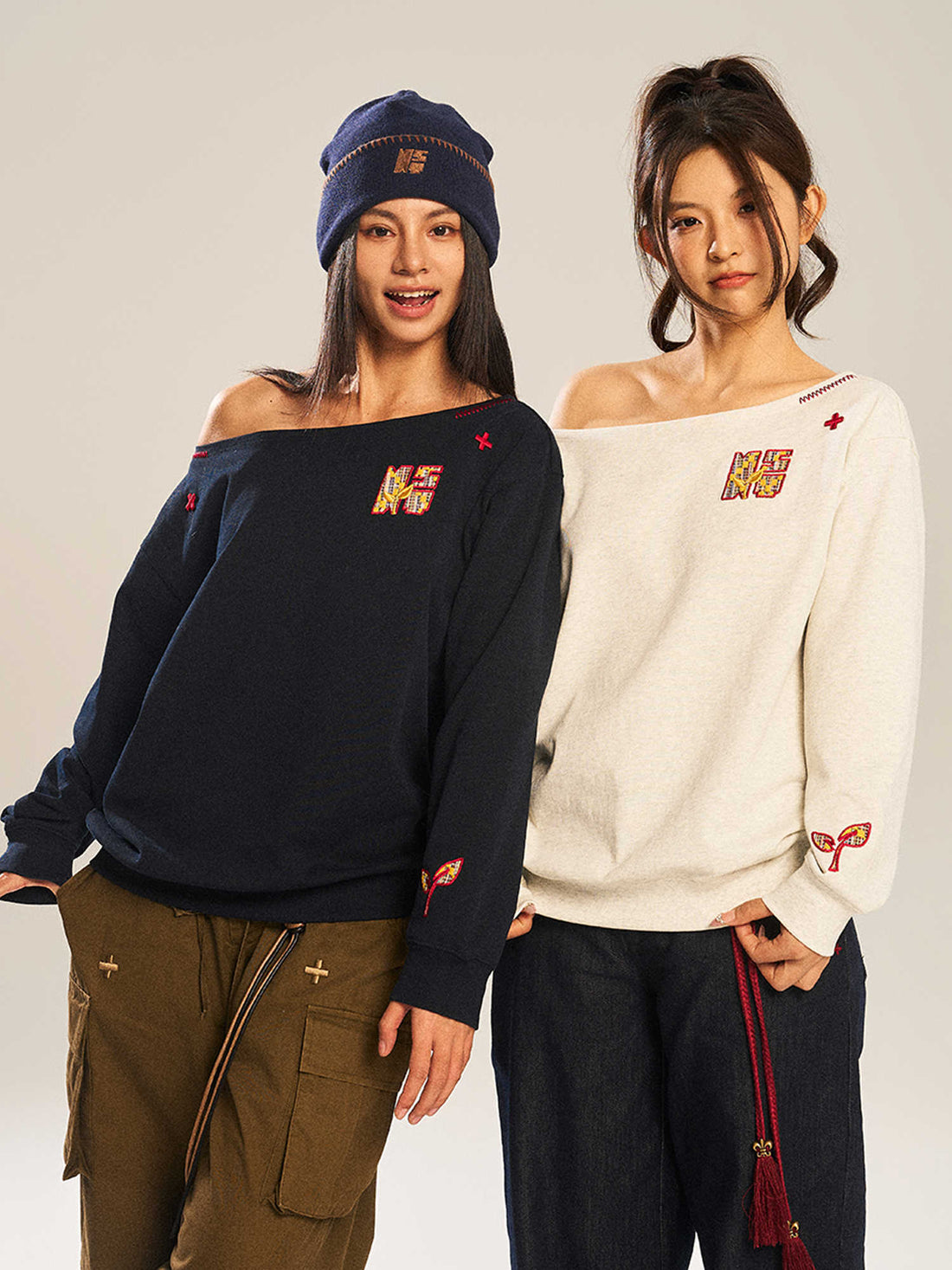 Women’s Slanted Shoulder Embroidered Long-Sleeve Cotton Sweatshirt - Image 3