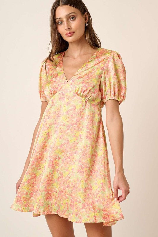Floral V-Neck Puff Sleeve Mini Dress - Fashion-Forward Satin
