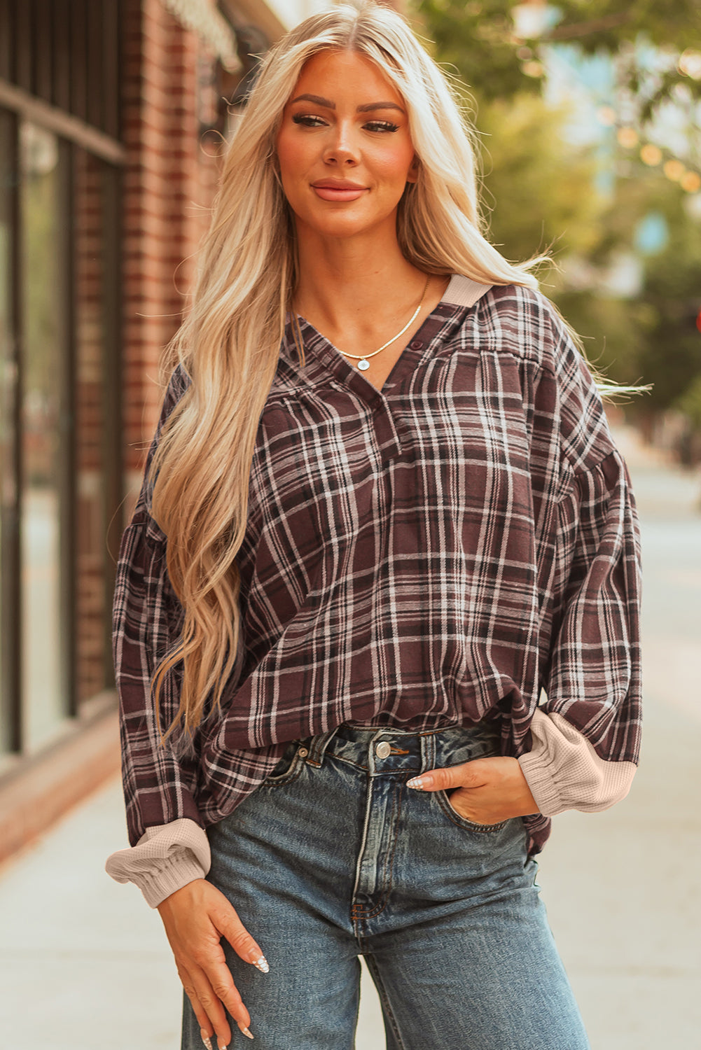 Women's Brown Plaid Patchwork Long Sleeve Hooded Top