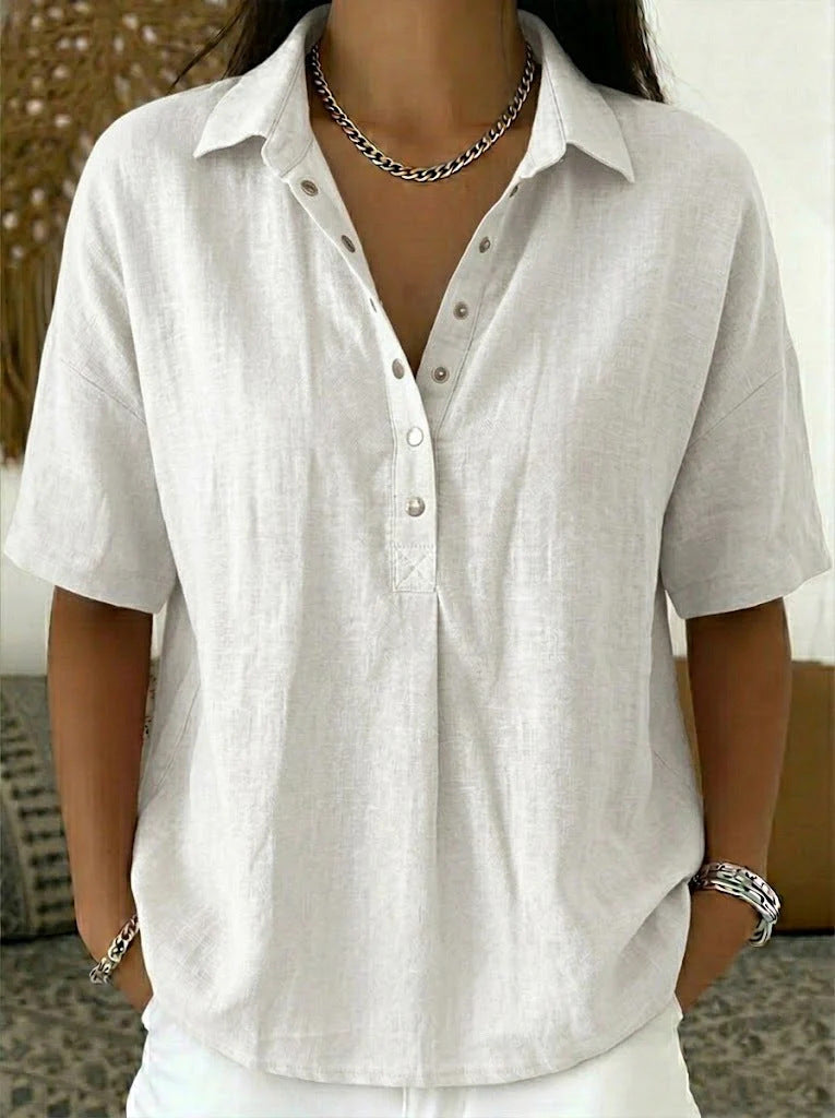 Women's Linen Short Sleeve Button Pullover Shirt