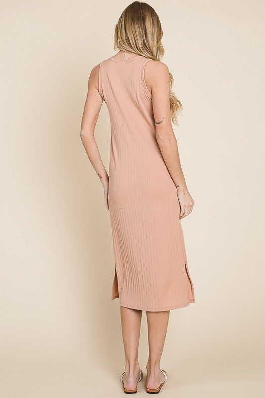 Ribbed Knit Sleeveless Midi Dress - Versatile Bodycon Style
