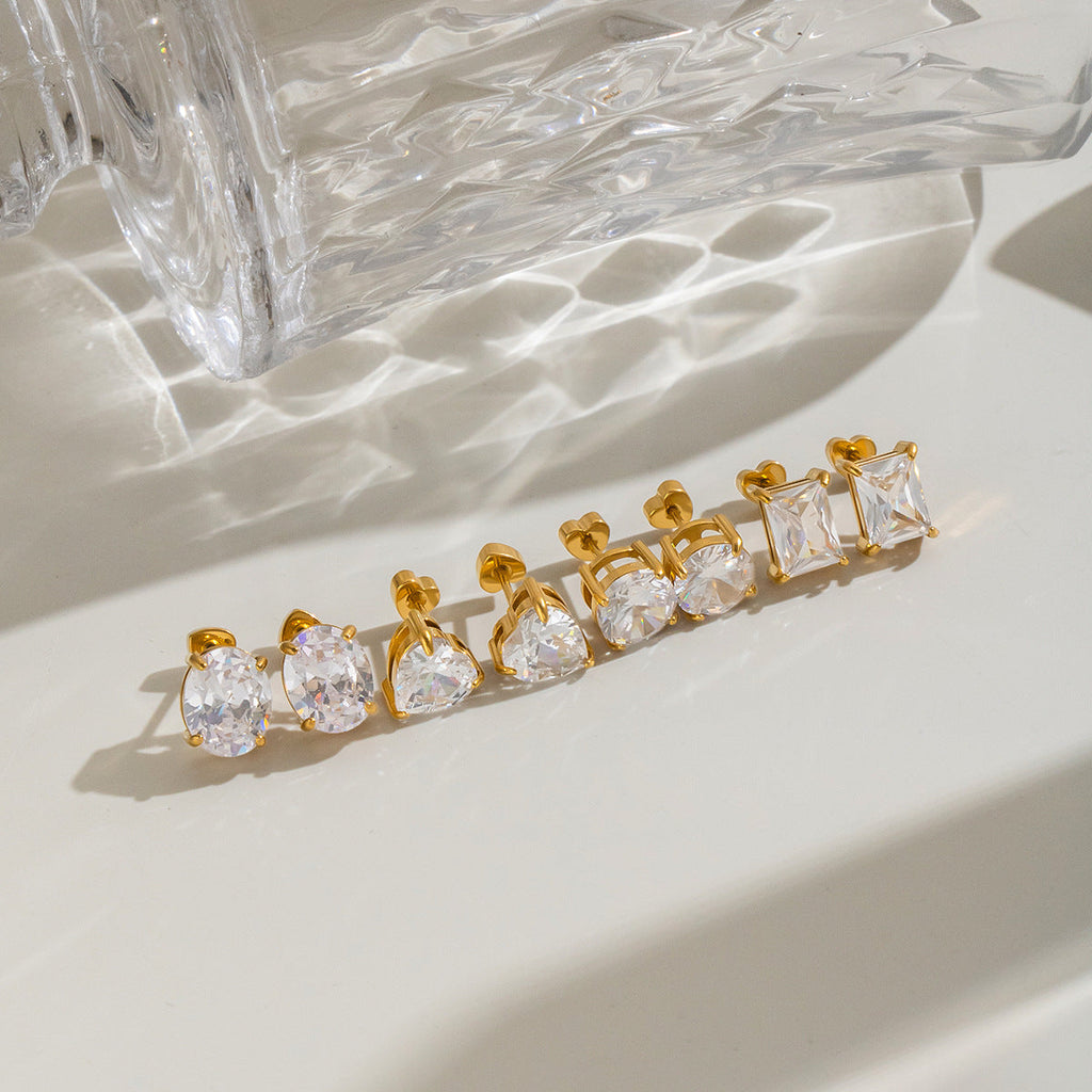 Stainless Steel 18k Gold Stud Earrings With Zircon Inlays For Women