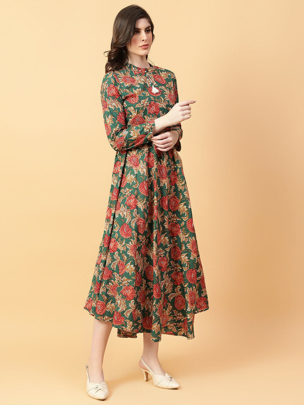 Joban Fashion Green Cotton Printed & Hand Work Dress