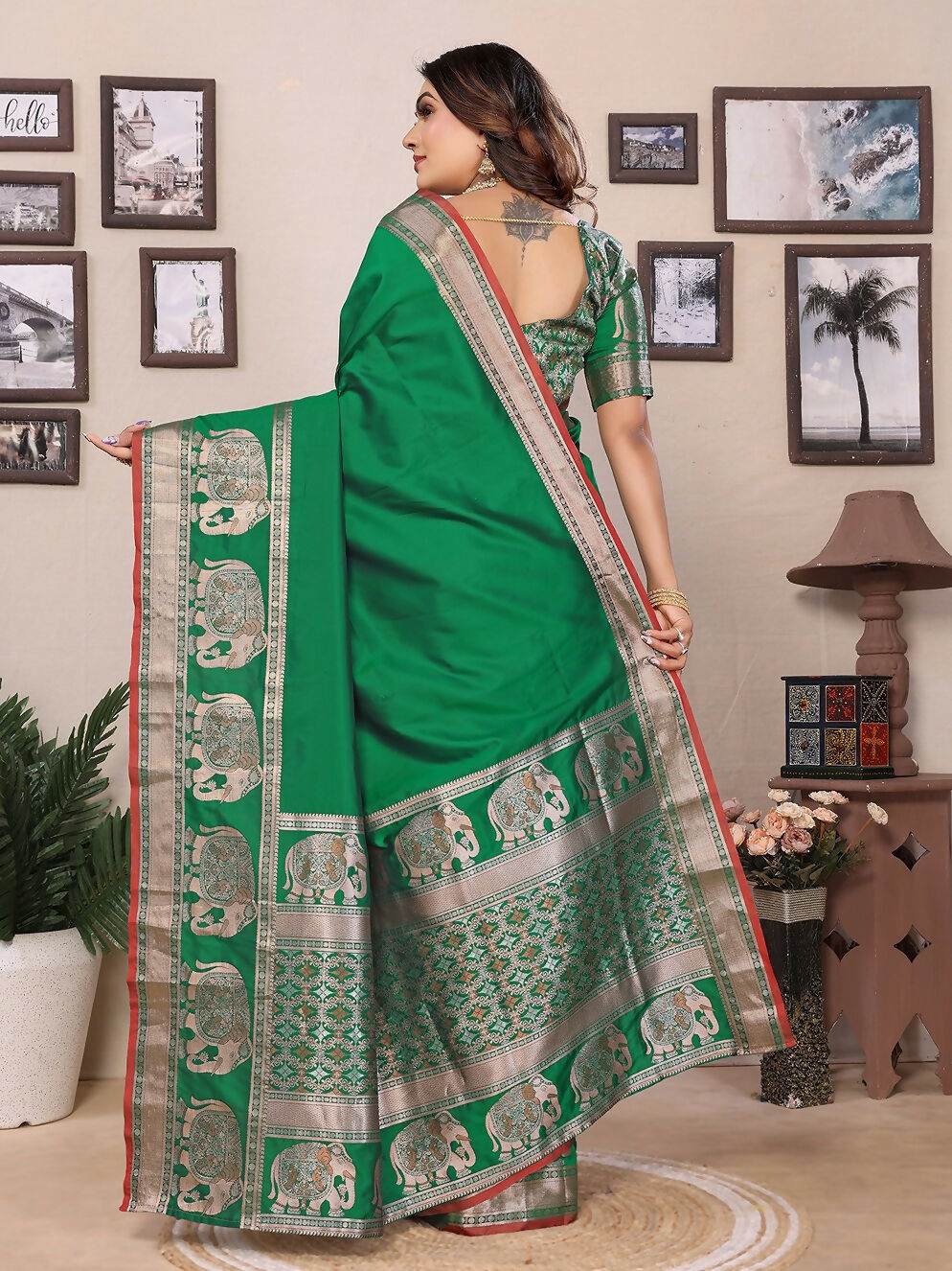 Green Solid Banarasi Silk Brocade Saree with Blouse Piece
