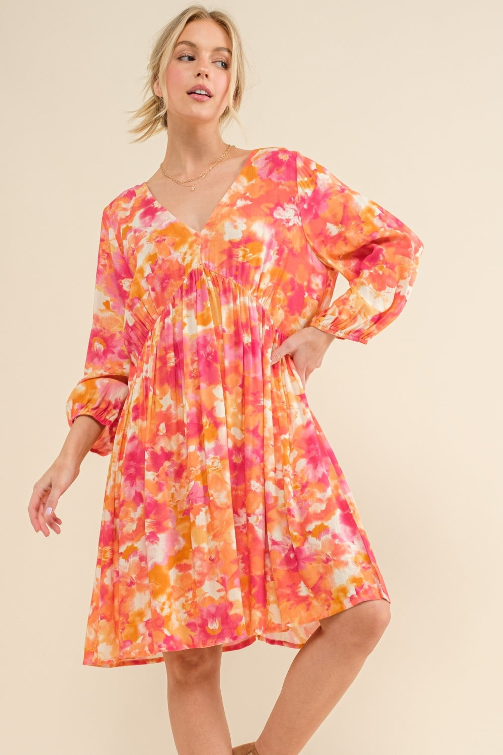 Floral Tie-Back Long Sleeve Summer Dress in Pink and Orange