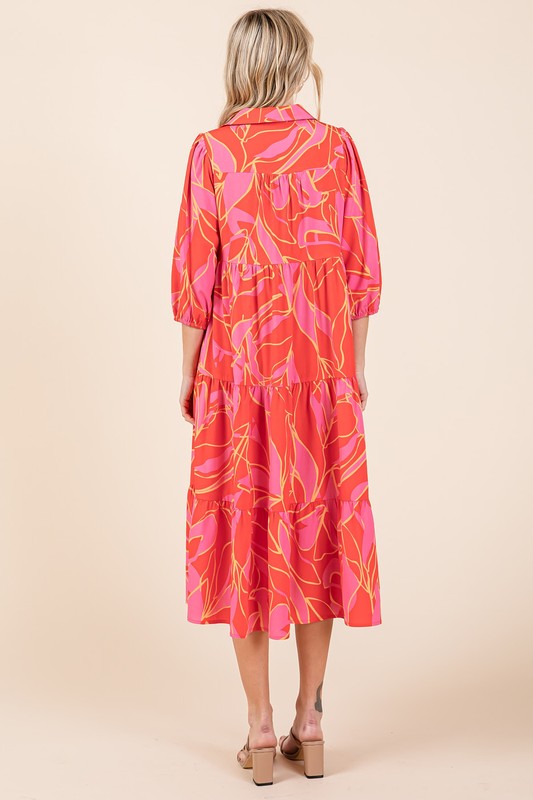 Summer Tiered Printed Collared Midi Dress with Feminine Flair