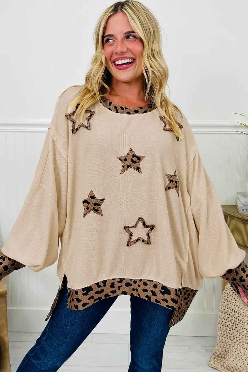 Beige Contrast Leopard Star Patchwork Detail Raw Seam Baggy Sweatshirt