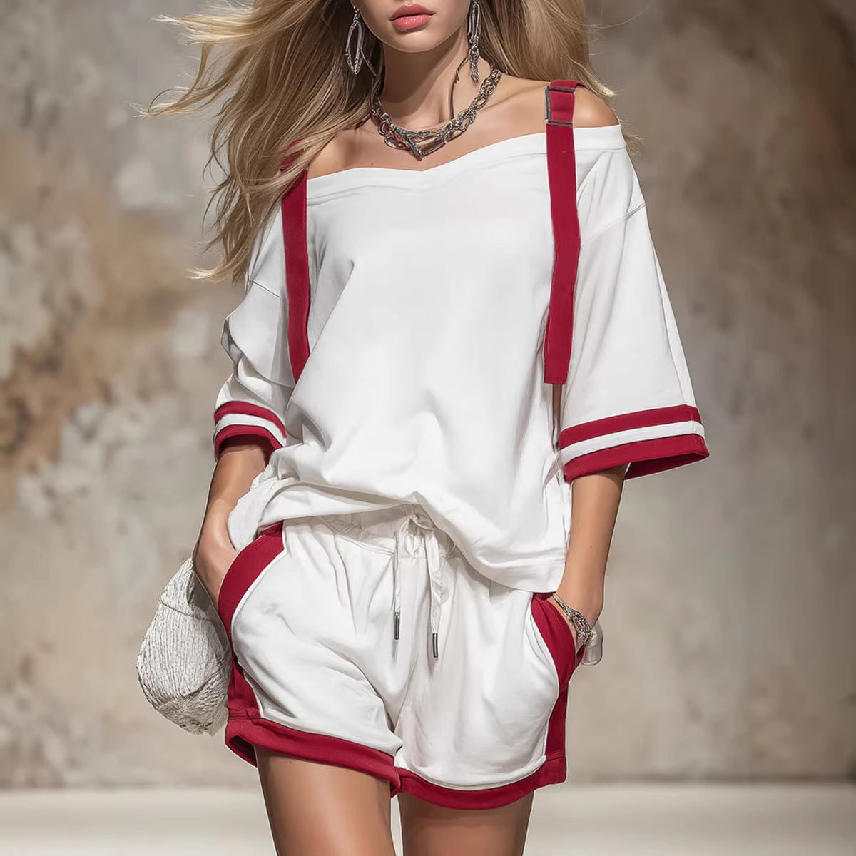 Women's Contrast Color-Block Shorts Set Two-Piece Casual Outfit
