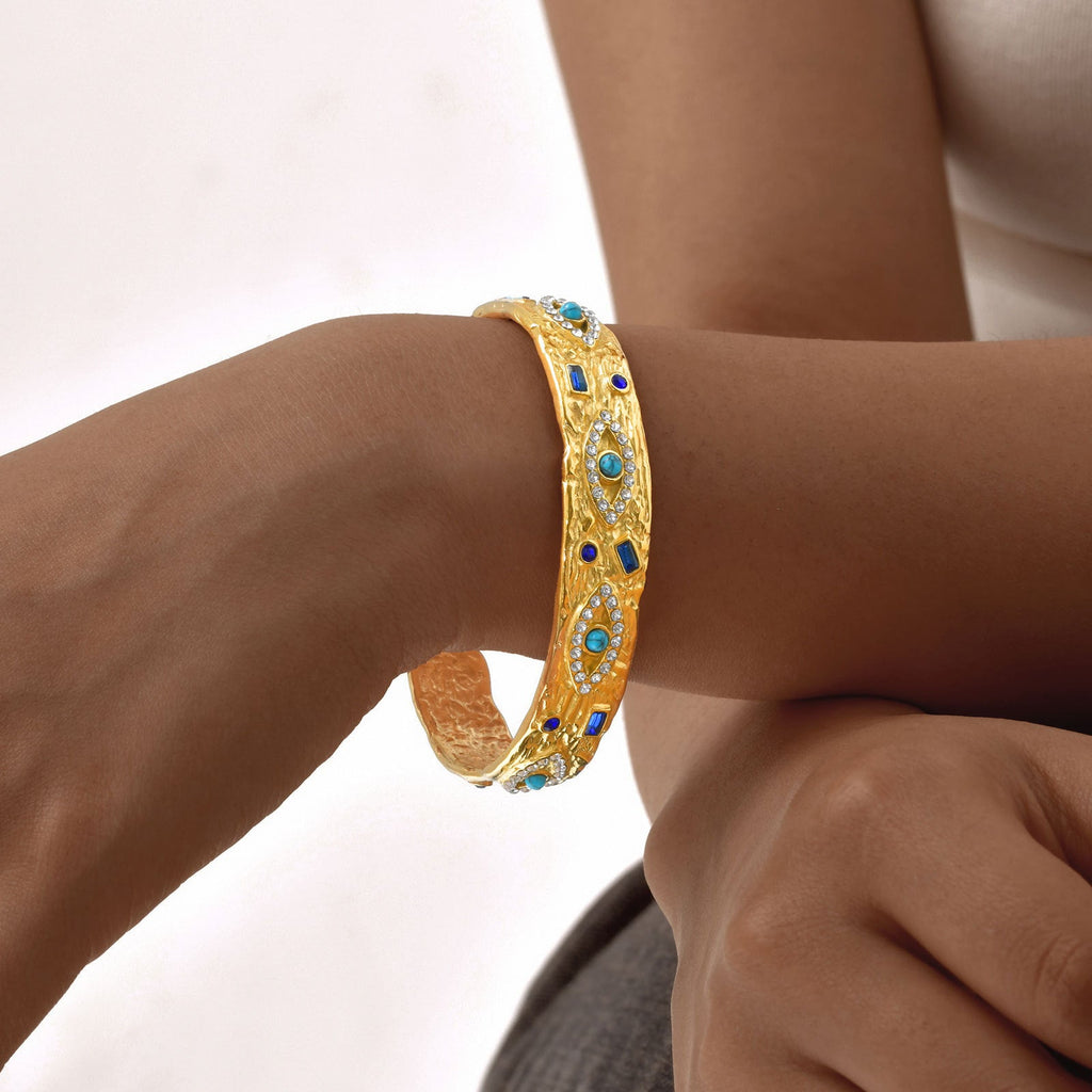 Gold Tone Stainless Steel Zircon Turquoise Eye Open Cuff Bracelet
