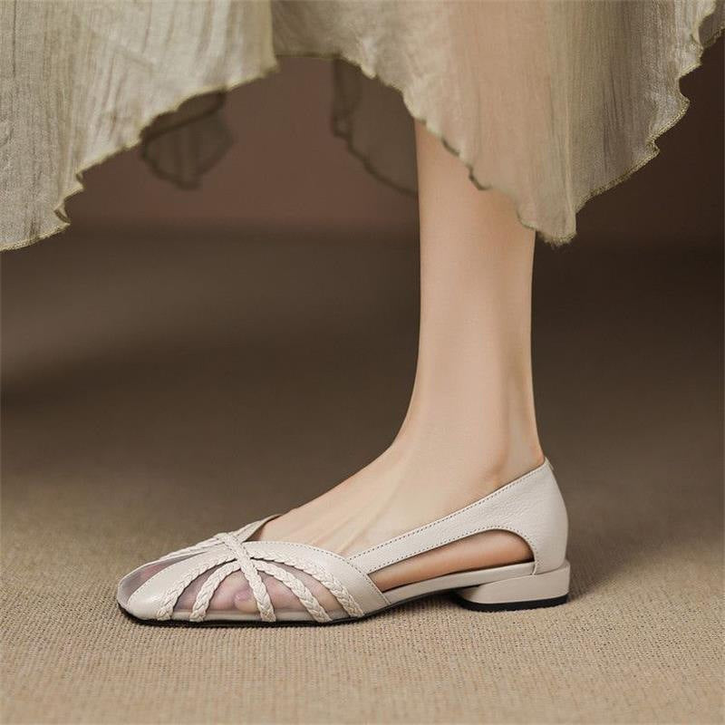 Women's Beige Mesh Breathable Low Heel Cutout Sandals - Image 6