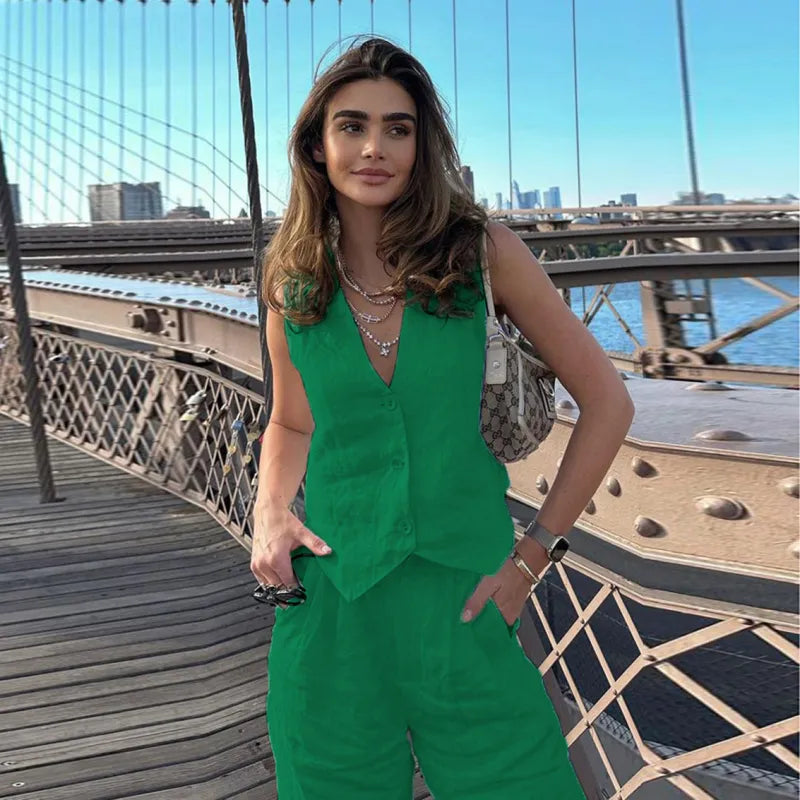 Women’s V-Neck Button-Front Vest and High-Waist Pants Set