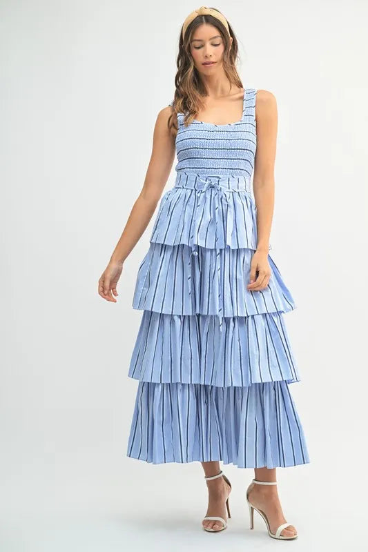 Pinstripe Smocked Bodice Layered Midi Dress in Light Blue