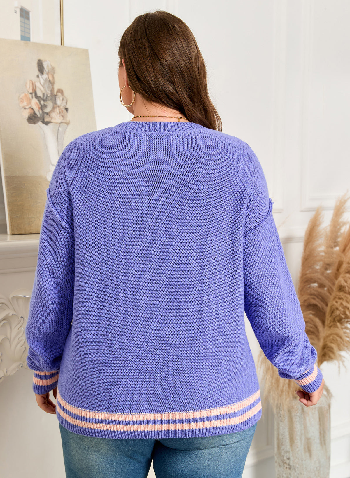 Wisteria Striped Trim Drop Shoulder Knit Loose Sweater - Image 2