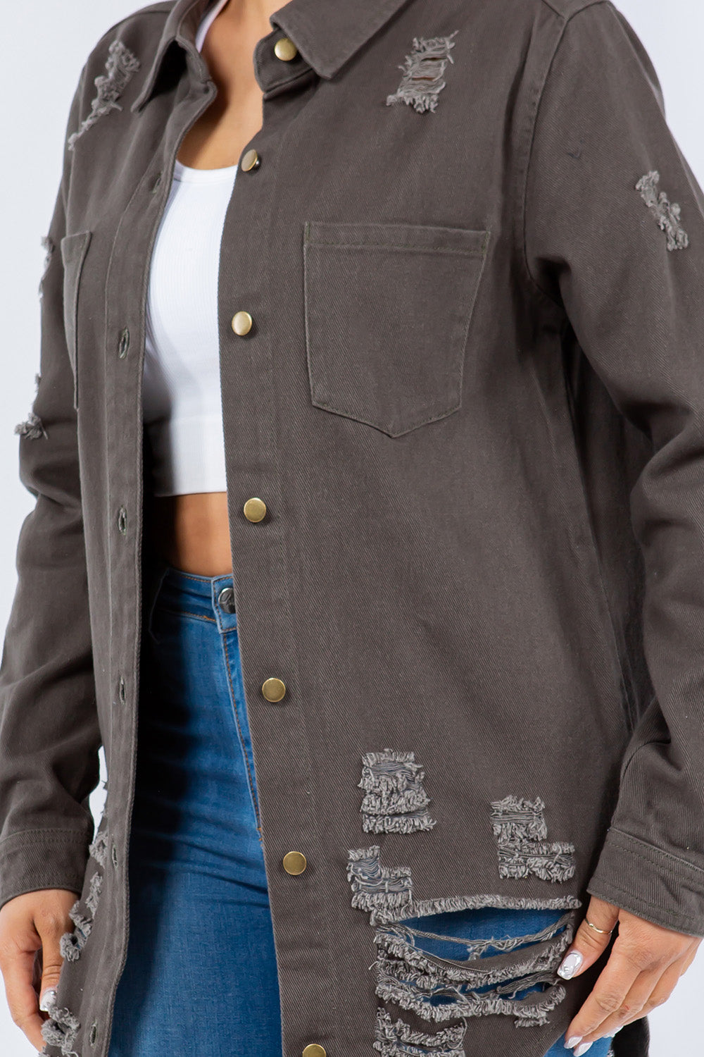 Distressed Button Up Long Sleeve Jacket for Women