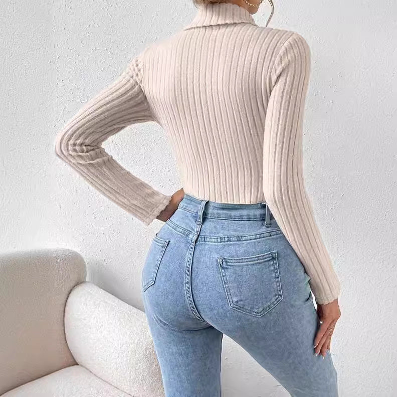 French Style Turtleneck Long Sleeve Knitted Jumpsuit in Apricot