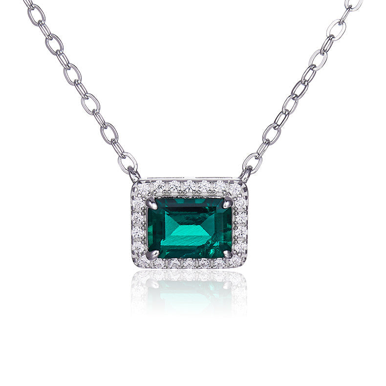 S925 Silver 2.4g 0.9ct Lab-Created Emerald Necklace, 7x5mm Halo Pendant, 40&5cm