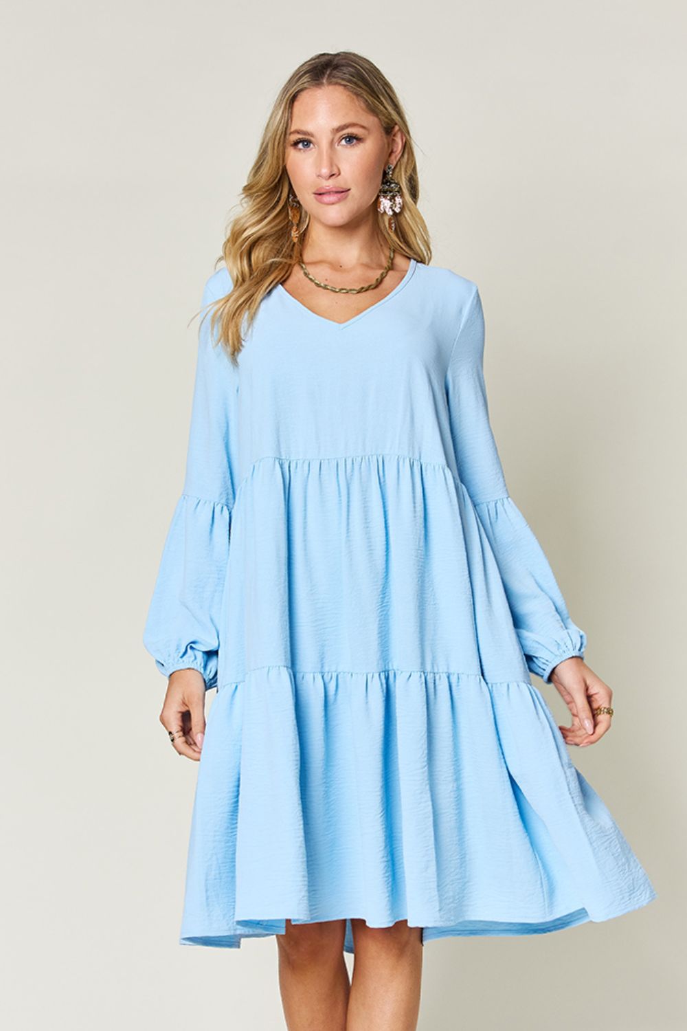 Light Green V-Neck Tiered Midi Dress with Side Pockets