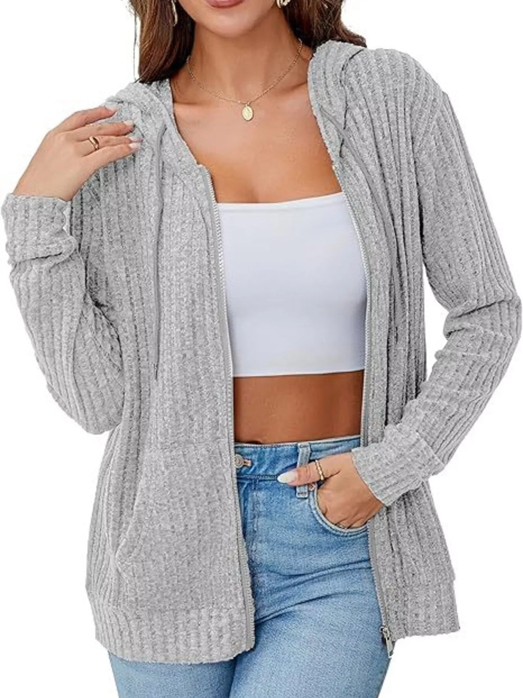 Ribbed Zip Up Hooded Outerwear