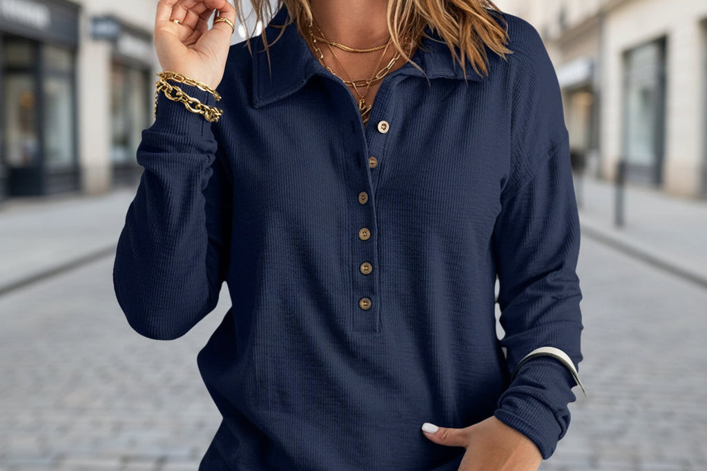Women's Long Sleeve Waffle Knit Polo Shirt with Button Detail - Image 5