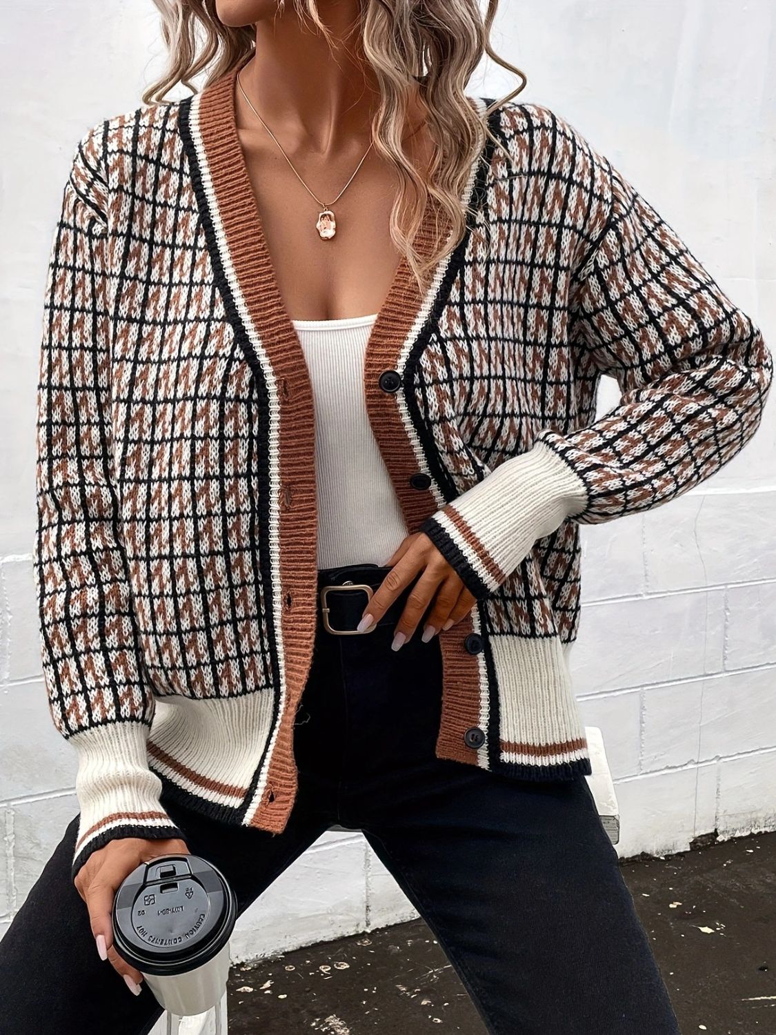 Women's Plaid V-Neck Button Up Knit Cardigan - Image 4