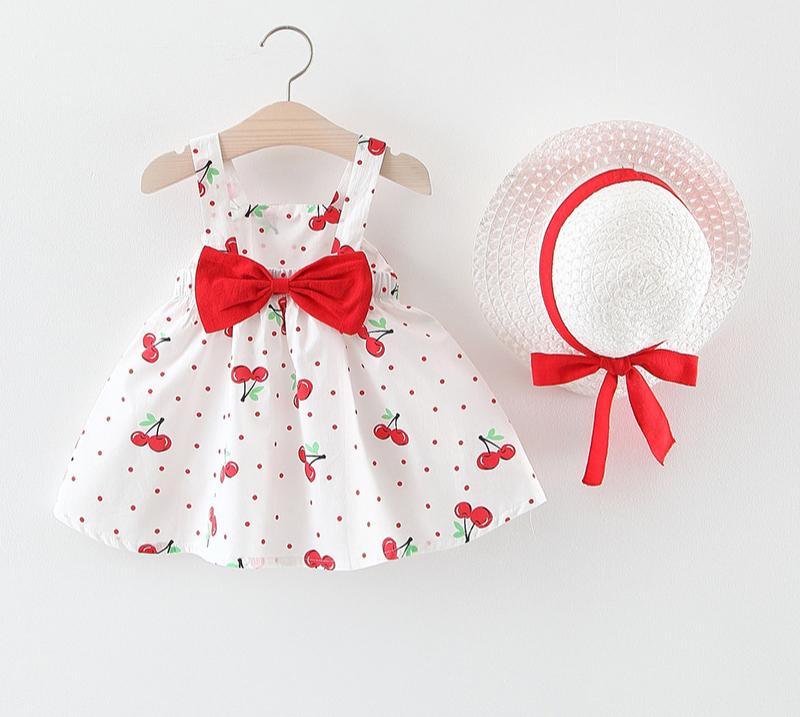 Floral Fruit Print Baby Girl Sleeveless Dress with Matching Hat