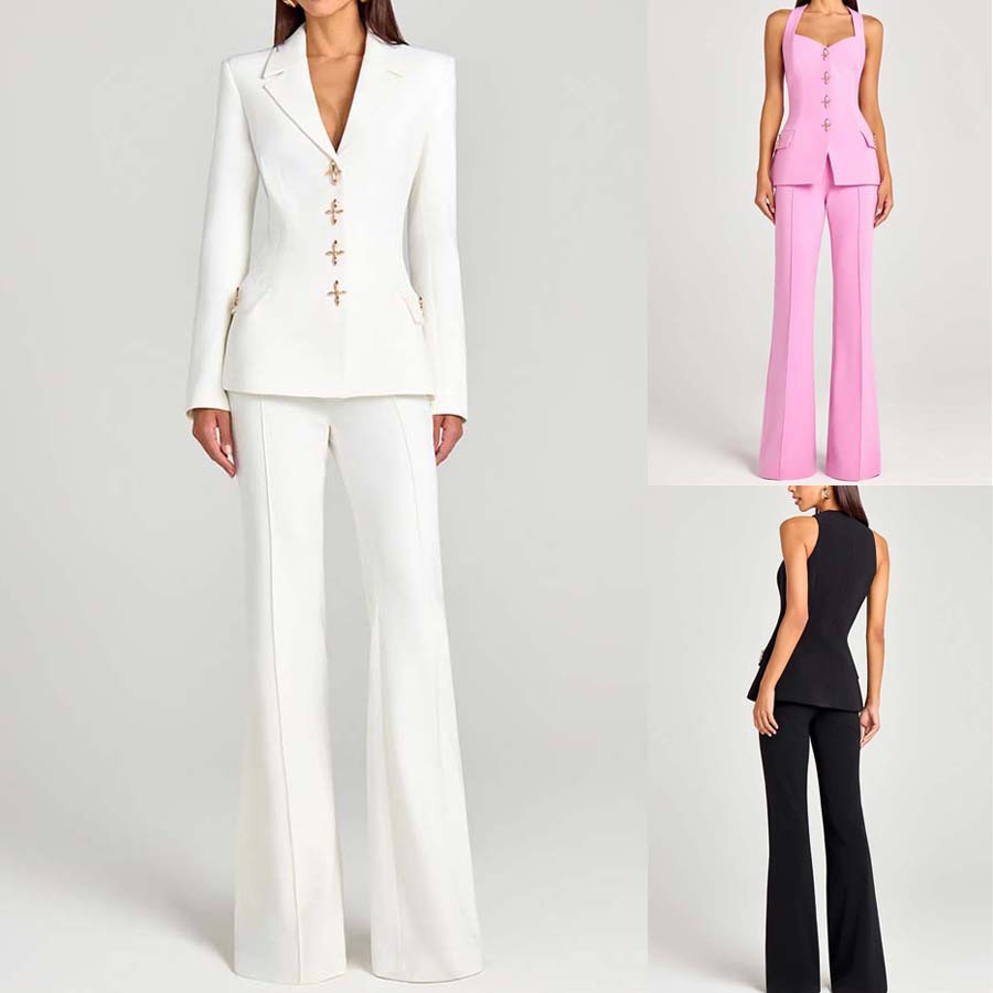 A woman wearing a tailored sleeveless blazer vest in light pink featuring decorative metallic buttons and matching wide-leg trousers.