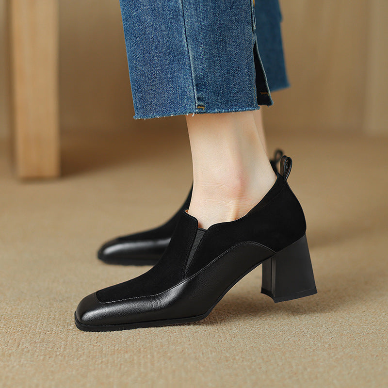 Women's Bronze Cowhide Square Toe Chunky Heel Slip-On Pumps - Image 5