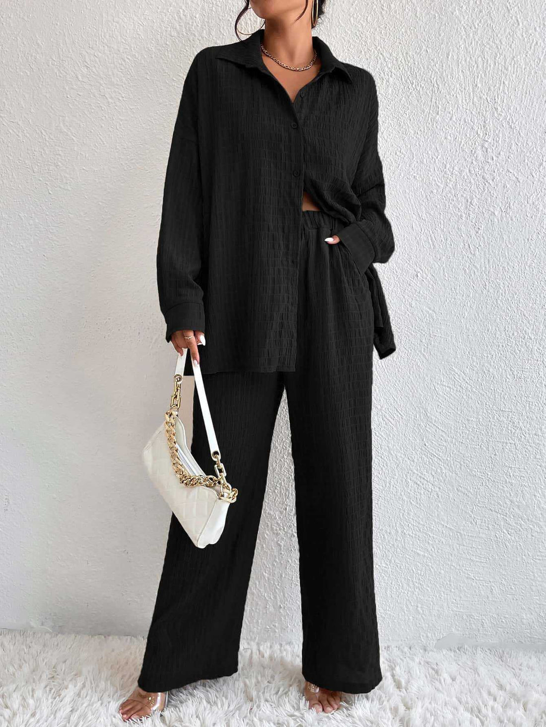 Women's Pleated Long Sleeve Lapel Two-Piece Set Loose Fit - Image 7
