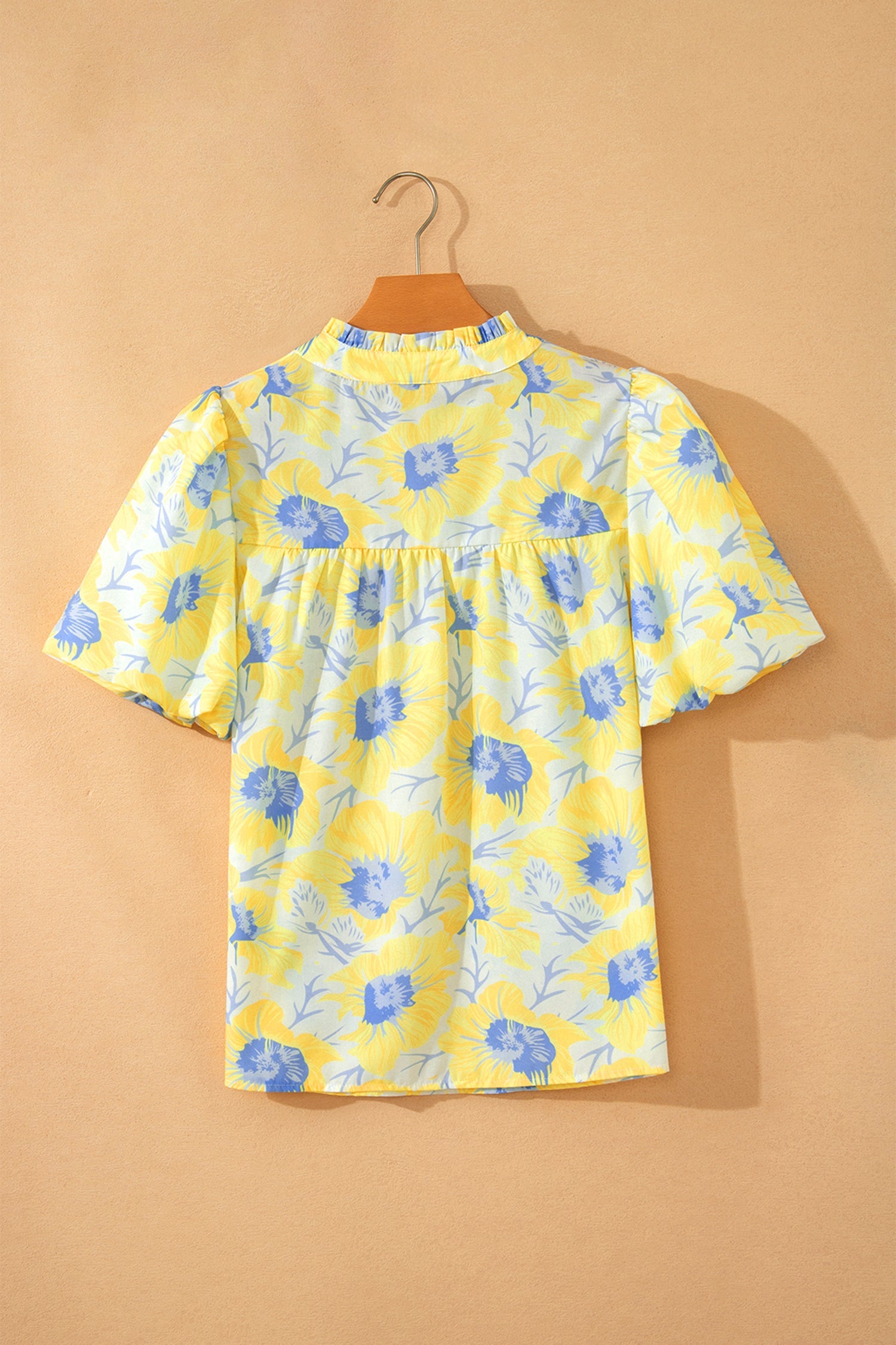 Yellow Floral Short Bubble Sleeve Summer Blouse