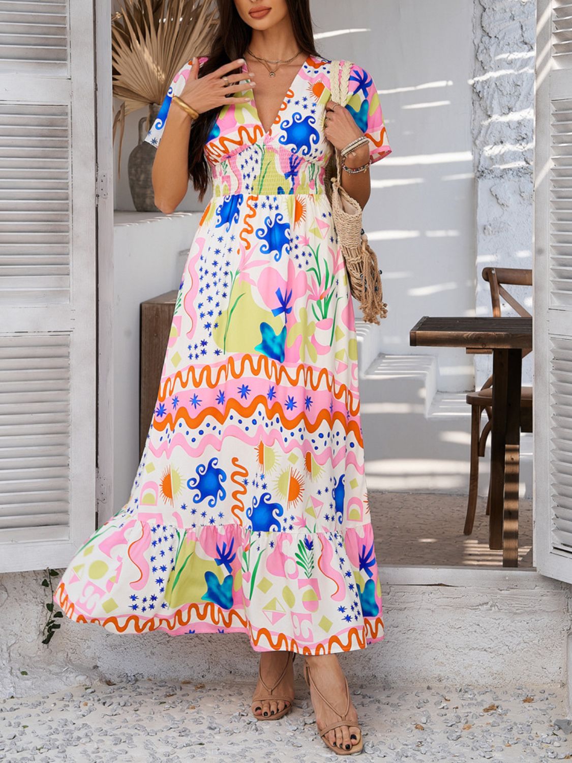 Printed V-Neck Short Sleeve Maxi Dress with Smocked Detail