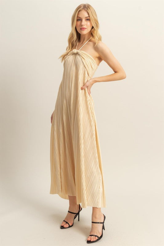 Beige Knotted Halter Neck Maxi Dress