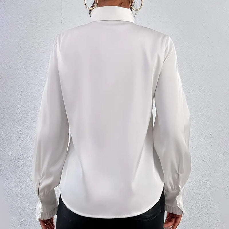 Women Ruffled Collared Long Sleeve Blouse Dressy Work Top