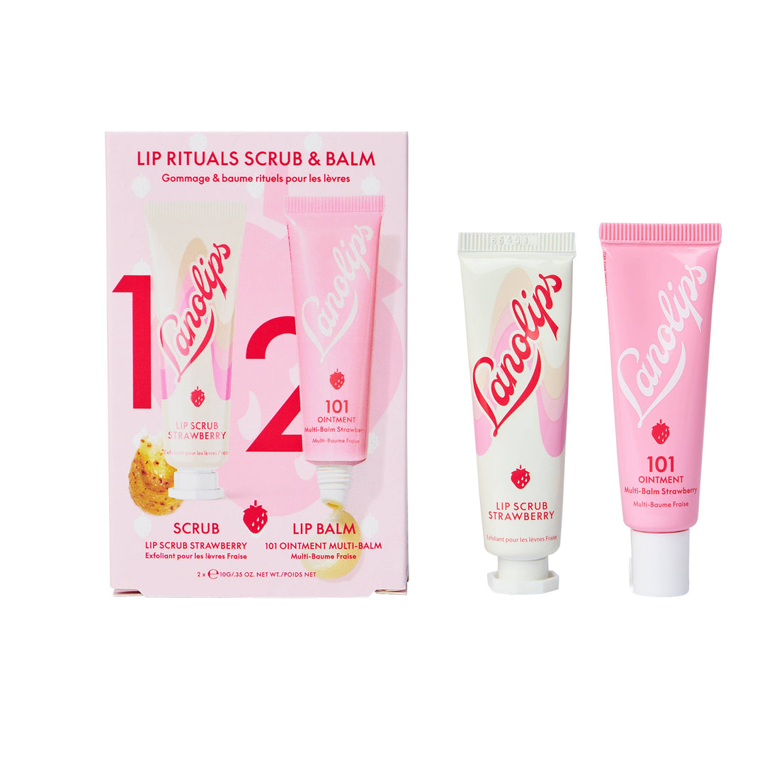 Lip Rituals Strawberry Scrub and Balm duo set in pink and white packaging on a minimalist background.
