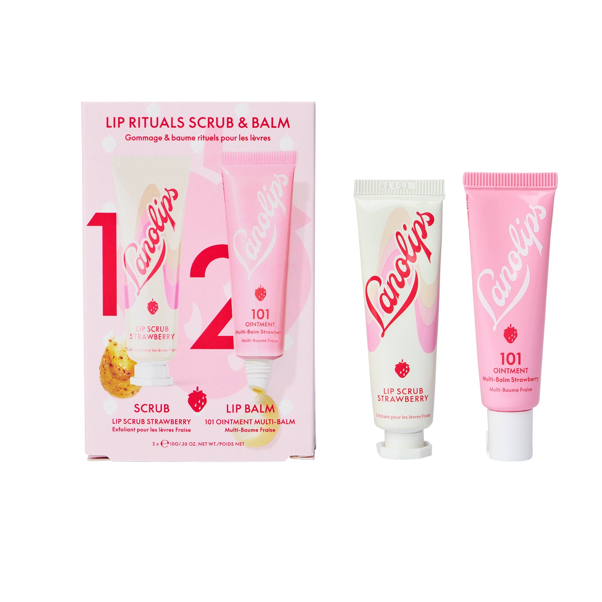 Lip Rituals Strawberry Scrub and Balm duo set in pink and white packaging on a minimalist background.