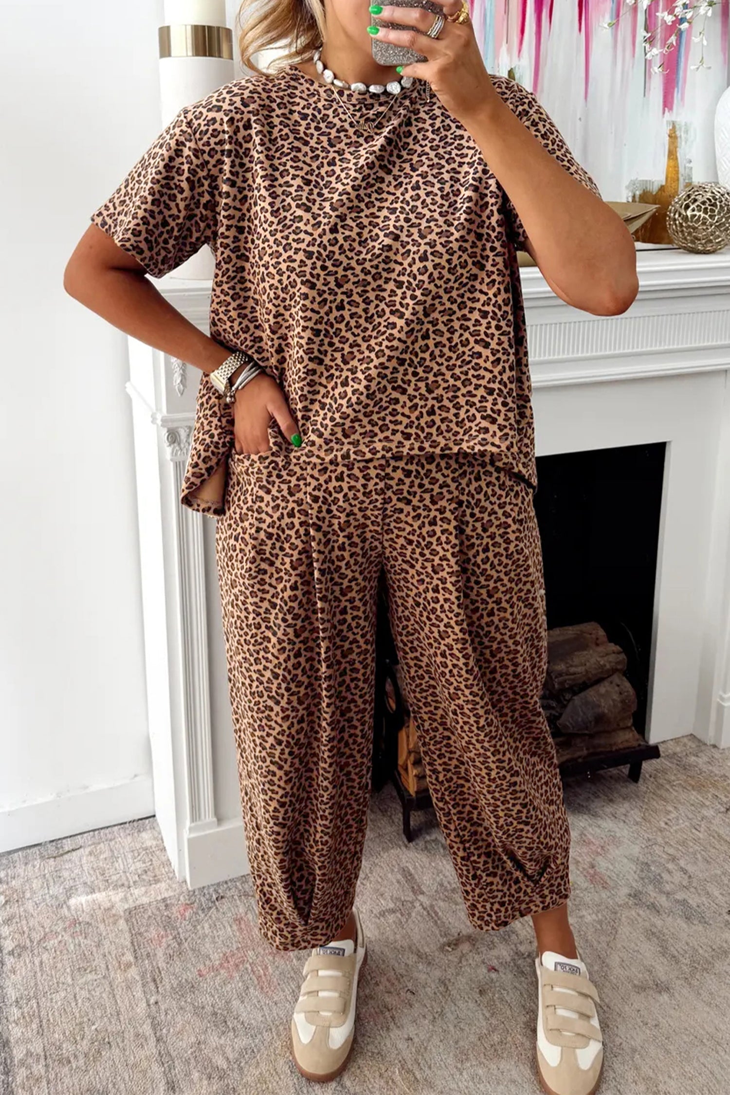 White Leopard High-Low Loose Tee Ankle Length Pants Set