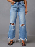 Distressed Raw Hem High-Rise Wide-Leg Jeans | Medium Wash