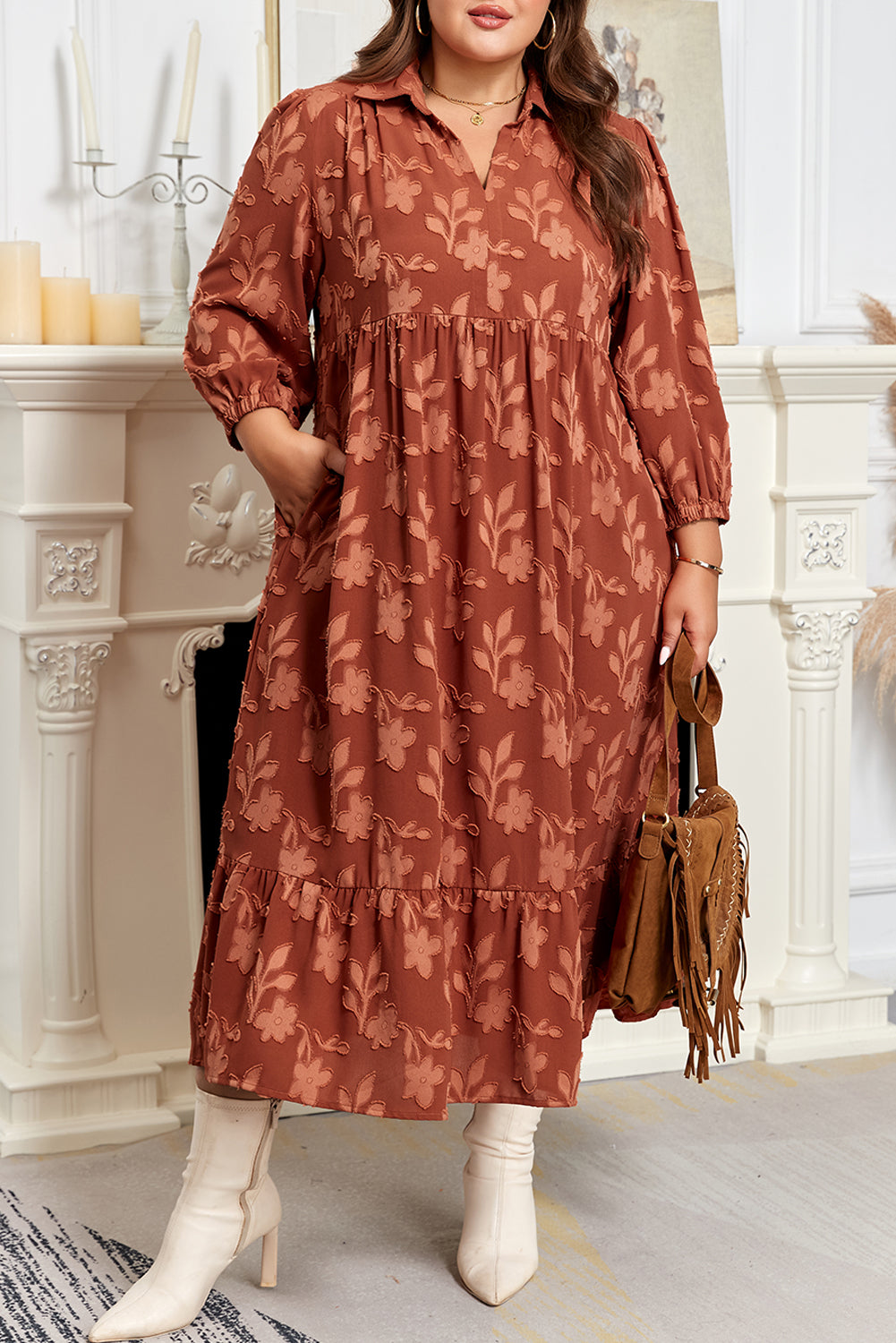 Plus Size Floral Ruffle Hem 3/4 Sleeve Maxi Dress