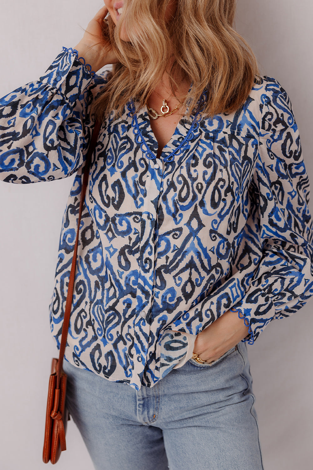 Blue Bohemian Embroidered V-Neck Long Sleeve Shirt