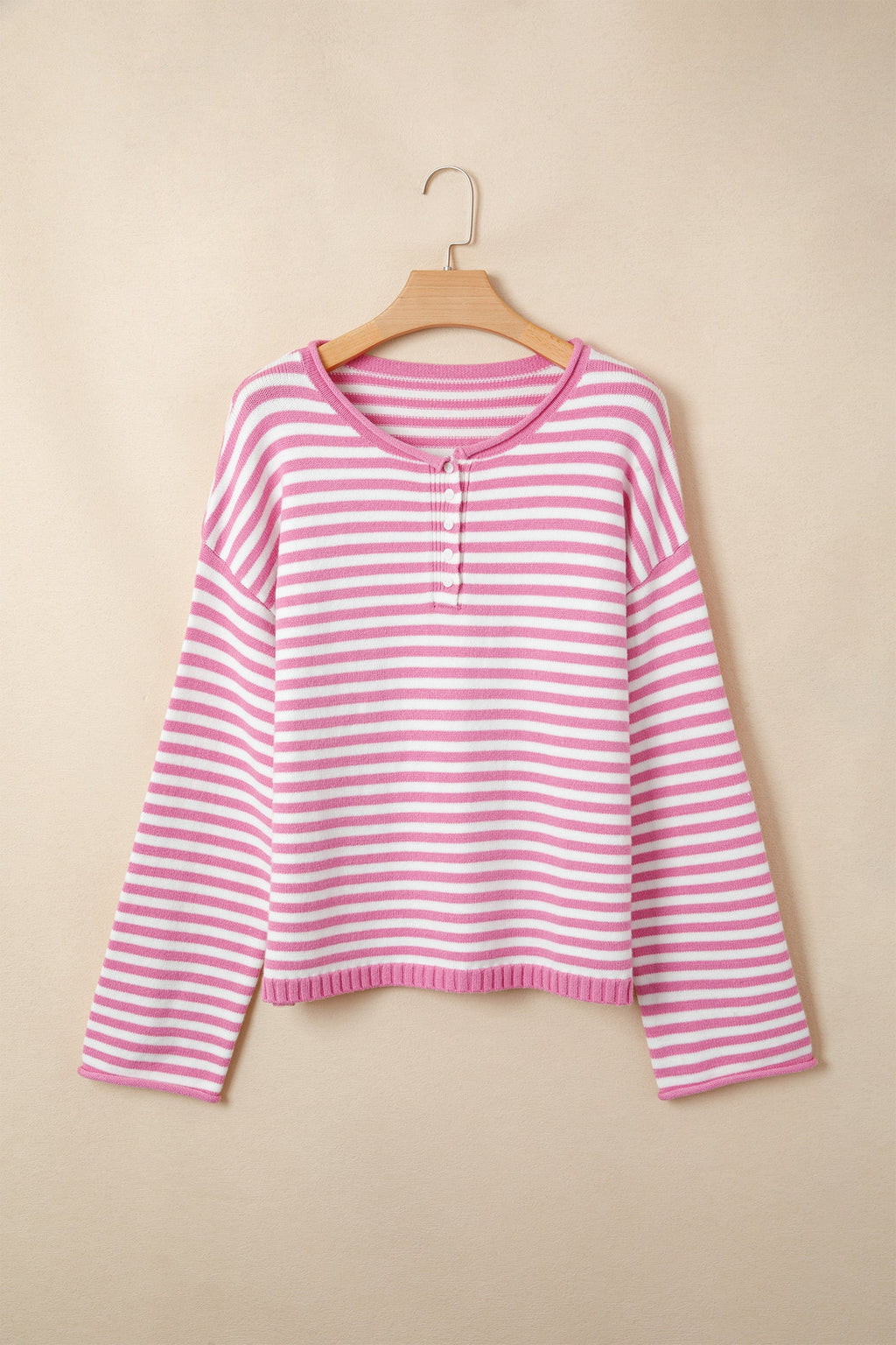 Stripe Button Placket Drop Shoulder Long Sleeve Sweater