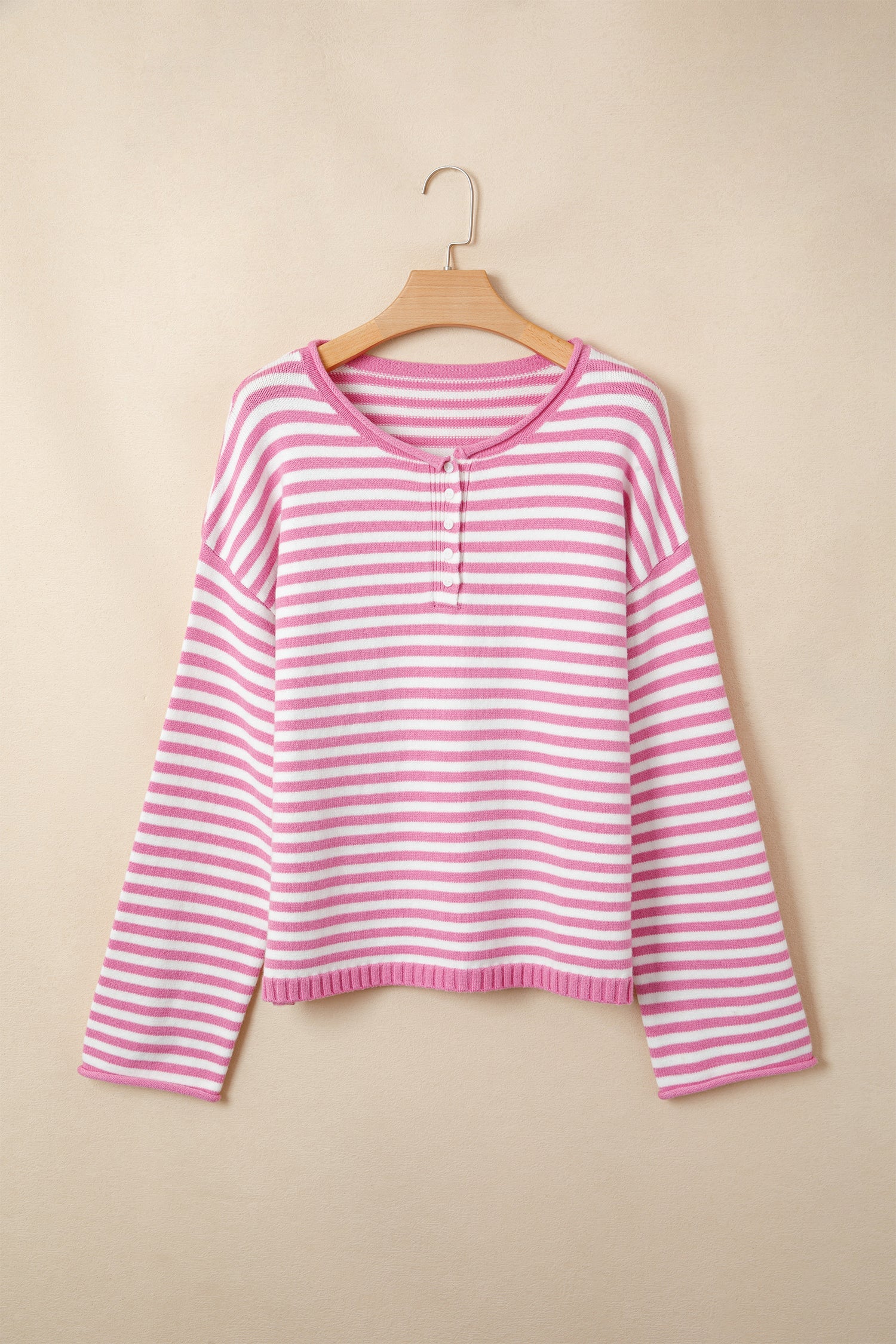 Stripe Button Placket Drop Shoulder Long Sleeve Sweater