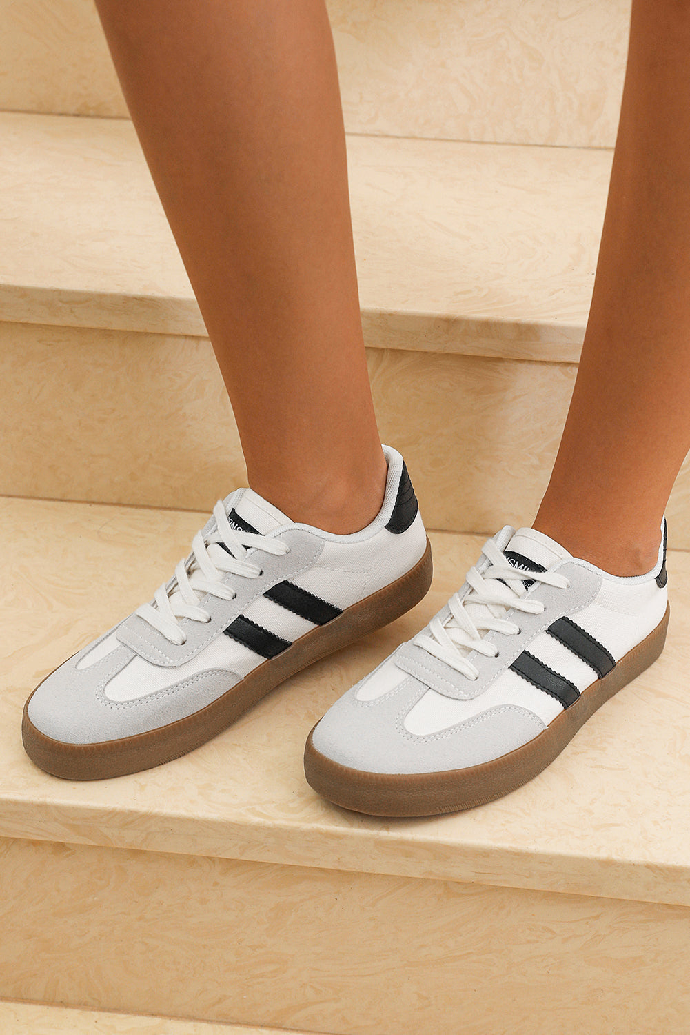 White Striped Lace Up Flat Sneakers Casual Retro Tennis Shoes - Image 3
