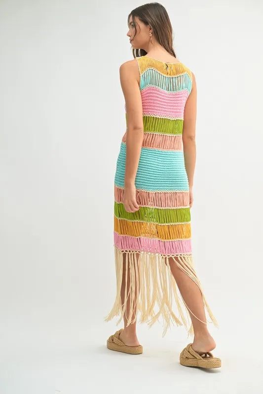 Multi Color Fringed Crochet Knit Mini Dress