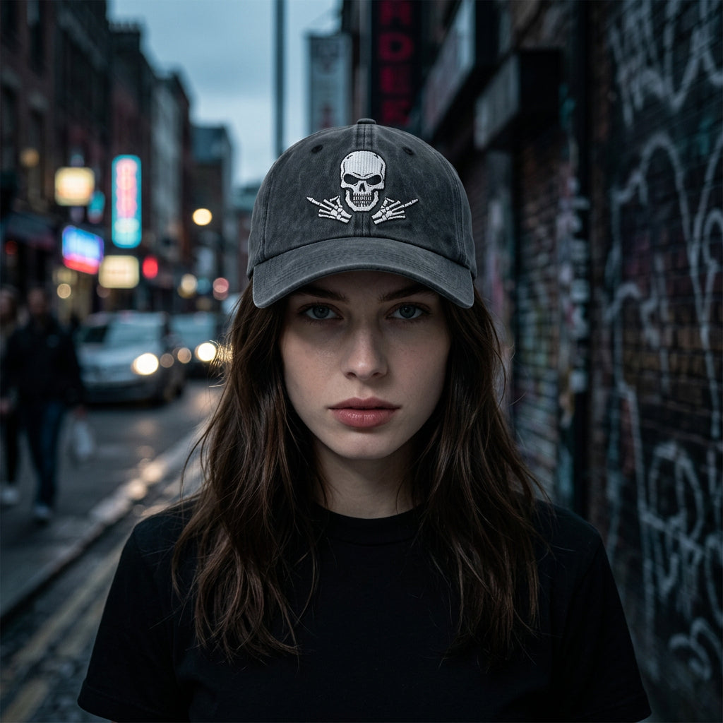 Washed Black Skull Embroidered Trucker Cap